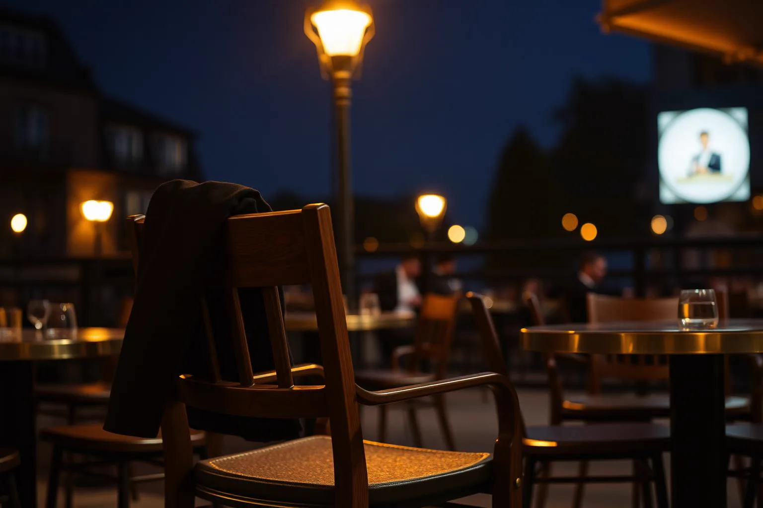 Americana colgada en el respaldo de una silla de terraza