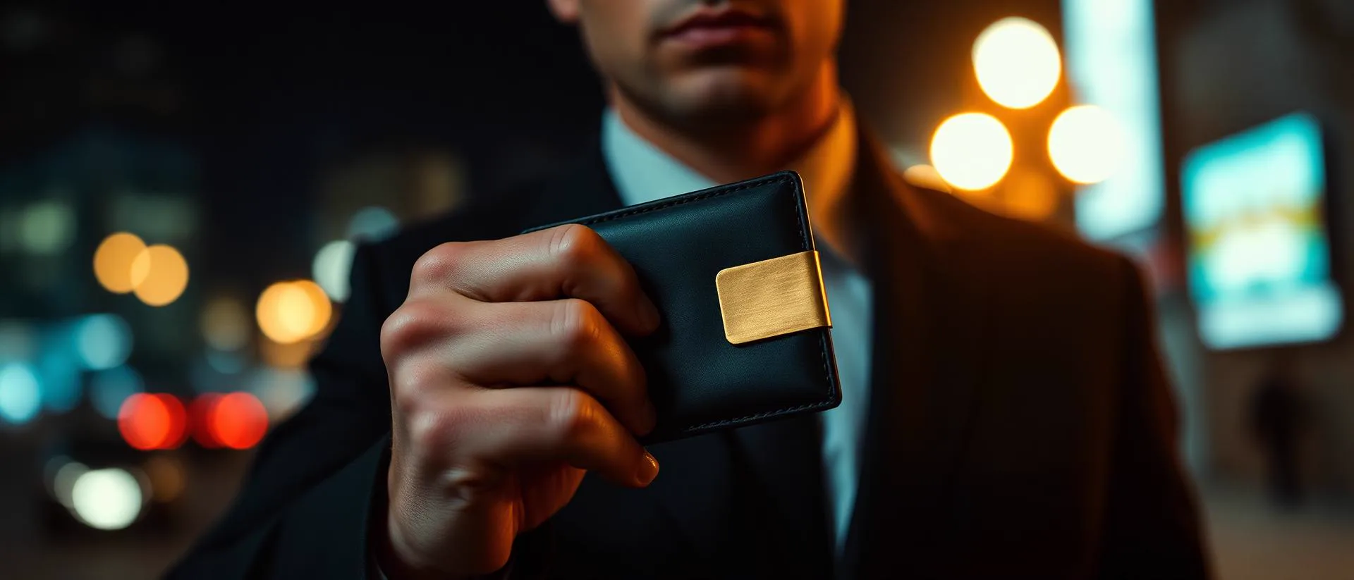 Cartera Mayfair en primer plano con hombre trajeado al fondo