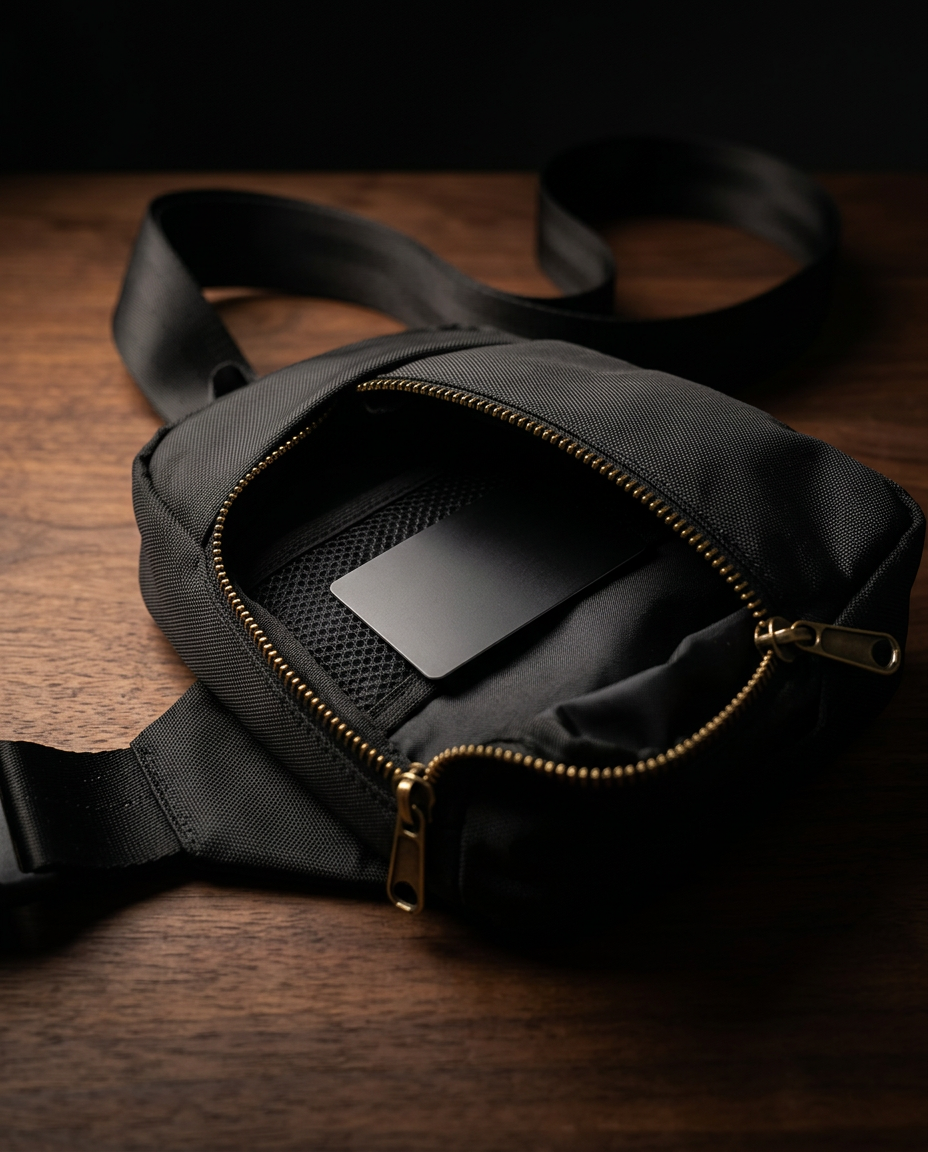 Interior de la bandolera Belgrave con el localizador DW-Track dentro