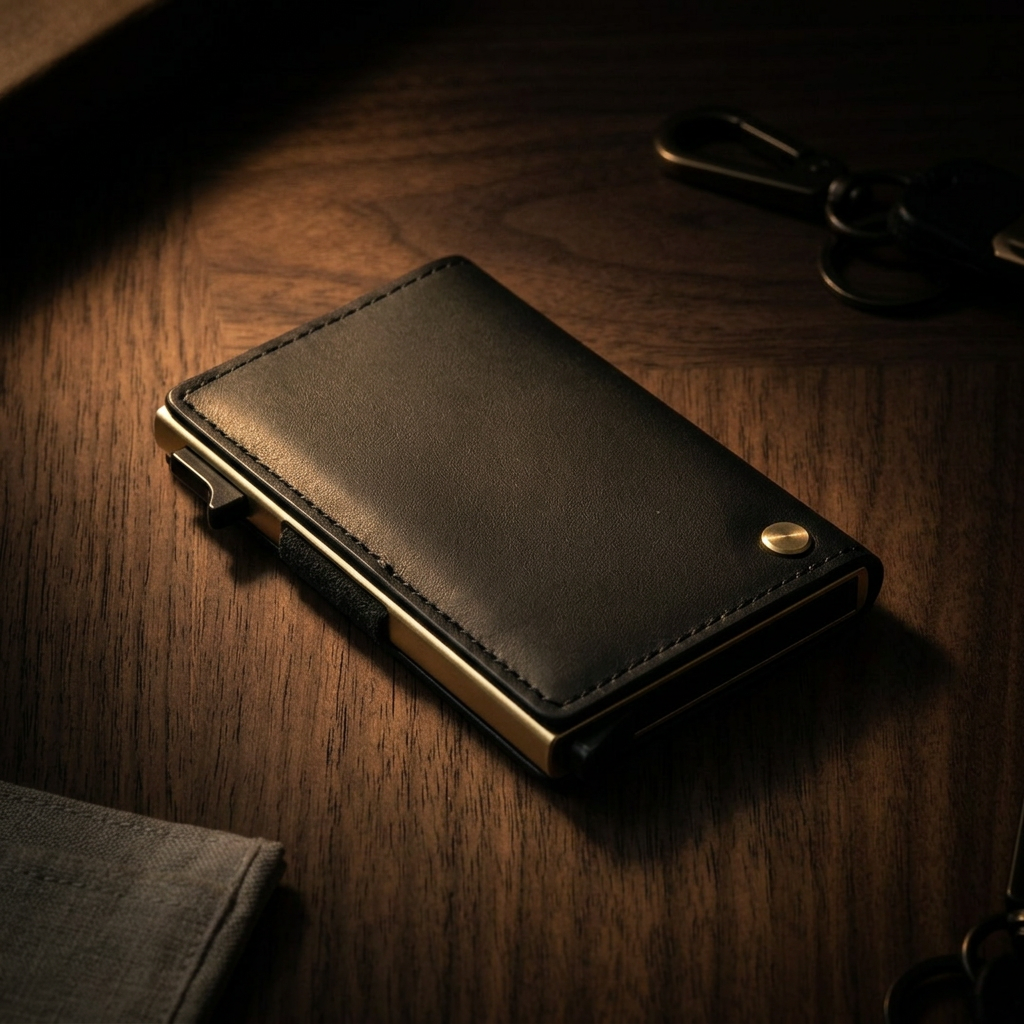 Cartera antirrobo Mayfair en piel negra, cerrada y muy fina, sobre madera de nogal