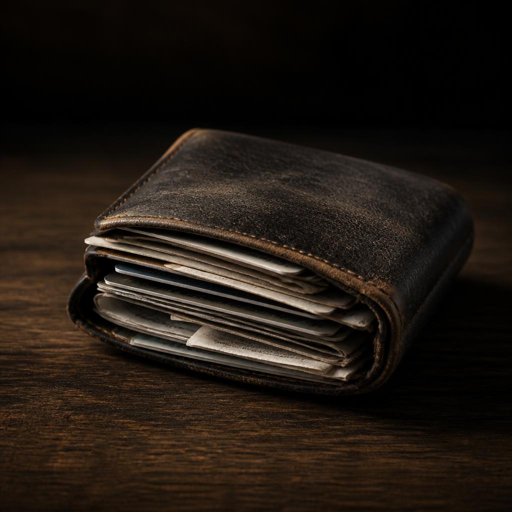 Cartera tradicional abultada, llena de tarjetas y tickets, sobre madera oscura