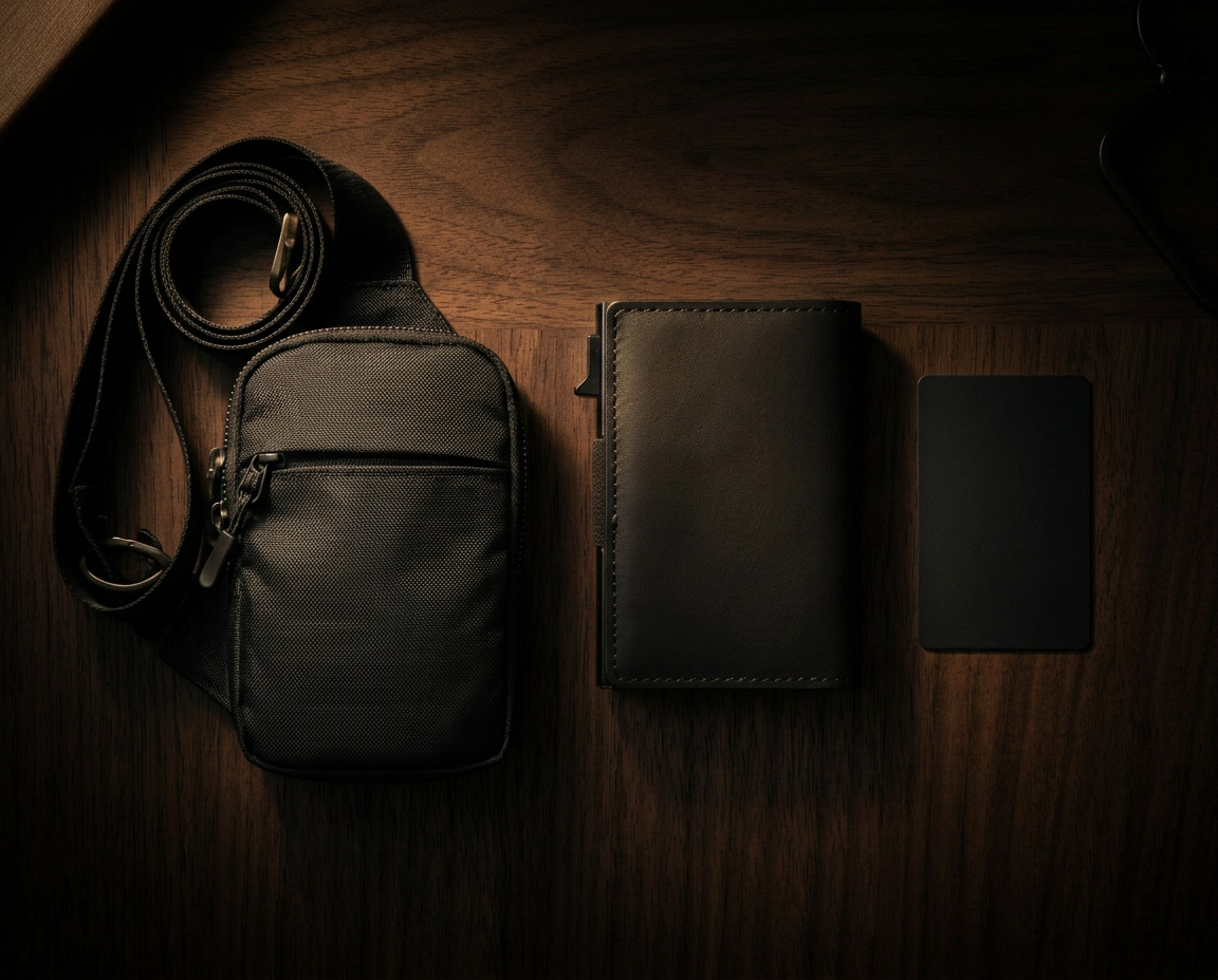 El Equipo Mayfair completo: bandolera Belgrave, cartera Mayfair y localizador DW-Track sobre nogal