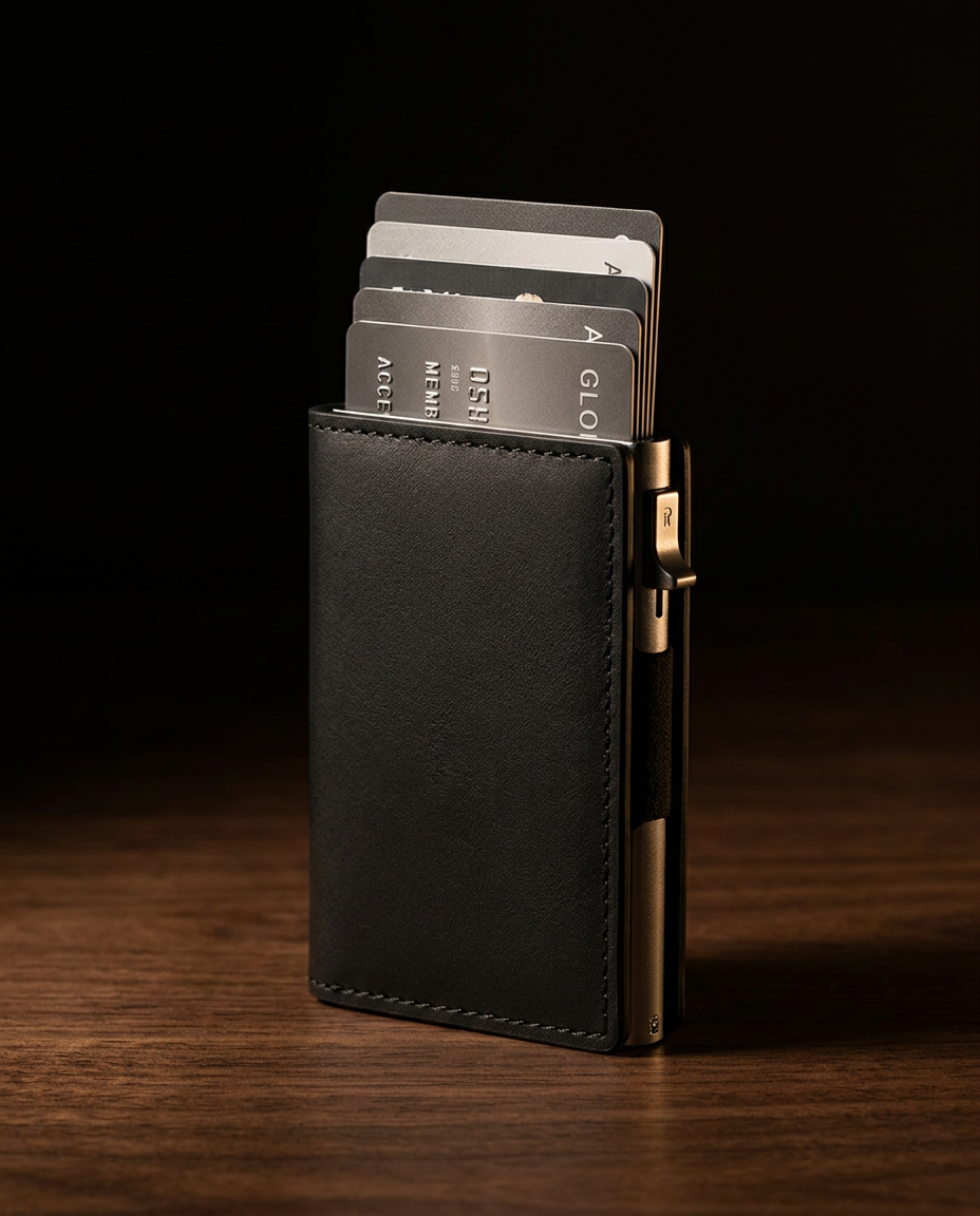 Cartera Mayfair abierta con tarjetas en abanico y clip de billetes