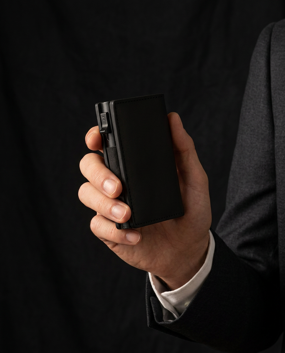 Cartera Mayfair negra en la mano de un hombre con traje