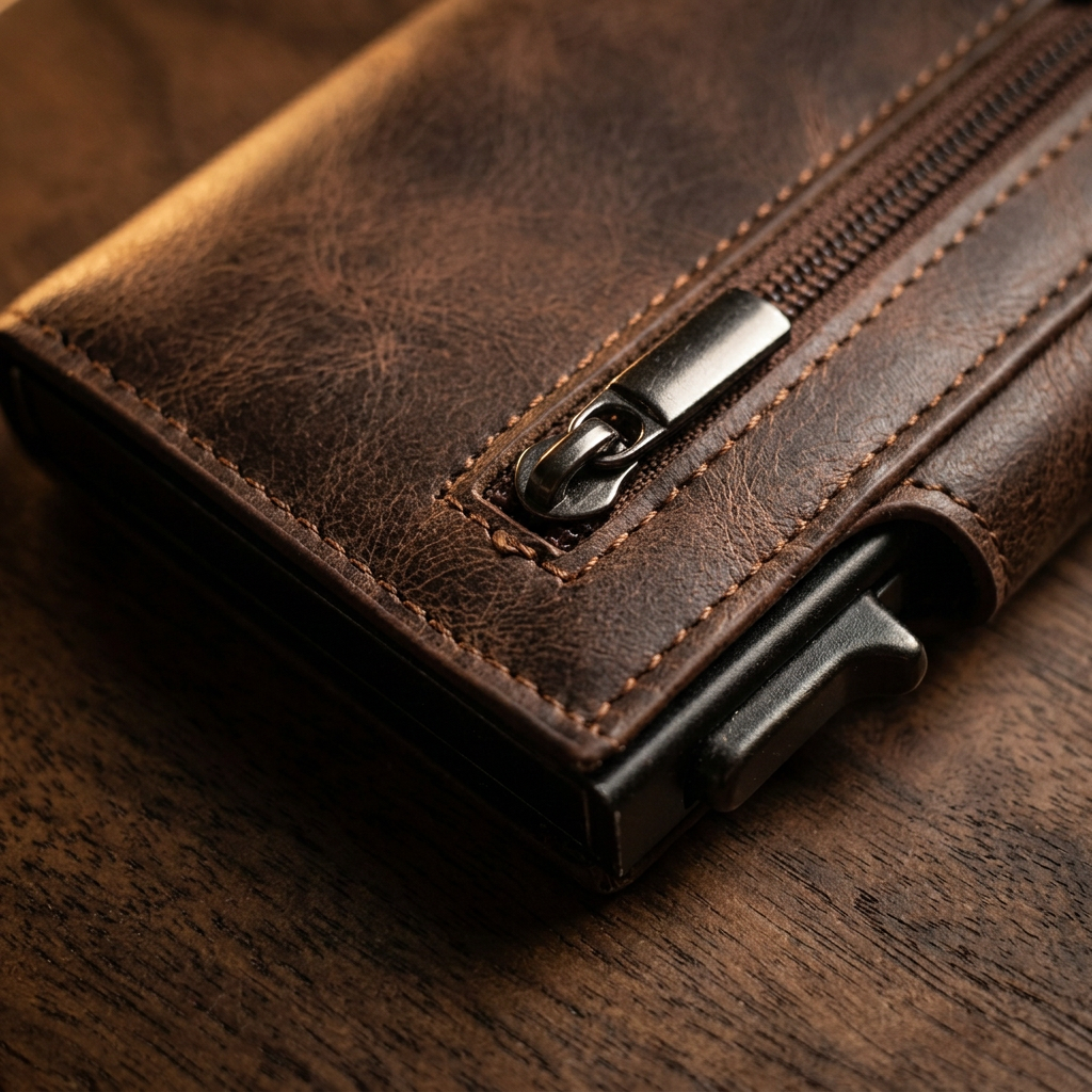 Cartera Mayfair sobre una mesa de madera oscura
