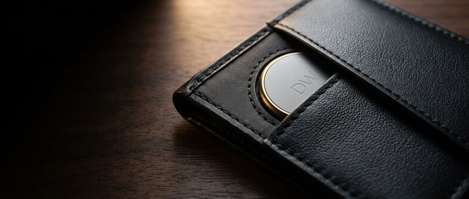 Forro levantado de la cartera Mayfair con el localizador DW-Track cosido dentro